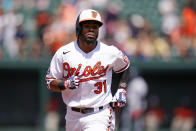 Baltimore Orioles' Cedric Mullins runs the bases after hitting a solo home run against the Texas Rangers during the fifth inning of a baseball game, Monday, July 4, 2022, in Baltimore. The Orioles won 7-6 in ten innings. (AP Photo/Julio Cortez)