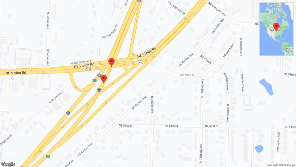 A detailed map that shows the affected road due to 'Broken down vehicle on northbound I-35 in Kansas City' on July 22nd at 5:57 p.m.