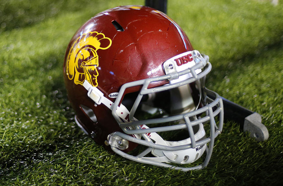 CHESTNUT HILL, MA - SEPTEMBER 13: A USC helmet is seen during the game between the Boston College Eagles and the USC Trojans on September 13, 2014 at Alumni Stadium in Chestnut Hill, Massachusetts. (Photo by Winslow Townson/Getty Images)