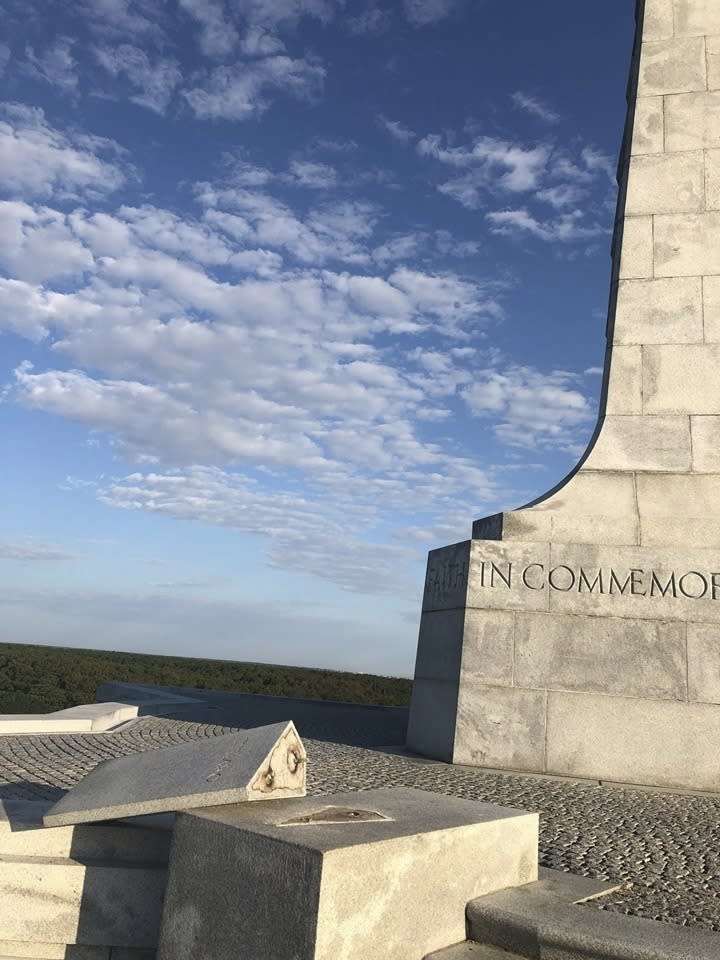 The National Park Service says a copper bust of aviation pioneer Orville Wright has been stolen from the Wright Brothers National Memorial in the Outer Banks of North Carolina. The Park Service and local law enforcement officials are investigating the case and are asking the public for any information. The agency in a statement says the monument was damaged either Saturday evening, Oct. 12, 2019 or Sunday morning. The granite base that the bust was mounted to was toppled and damaged. (The National Park Service via AP)