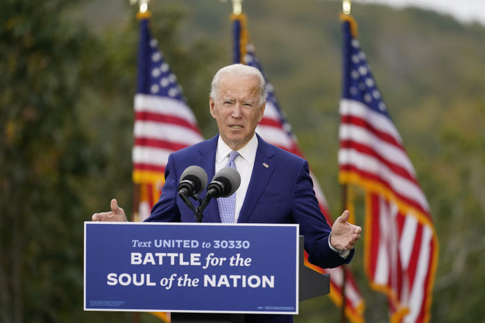 Joe Biden speaks at Mountain Top Inn &amp; Resort, Tuesday, Oct. 27, 2020, in Warm Springs, Ga. (Andrew Harnik/AP)