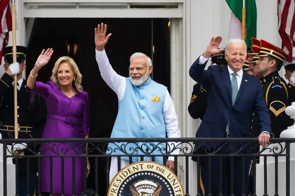 President Joe Biden, first lady Jill Biden and Prime Minister Narendra Modi, of India, center, wave to the crowd during a state visit at the White House in June 2023.