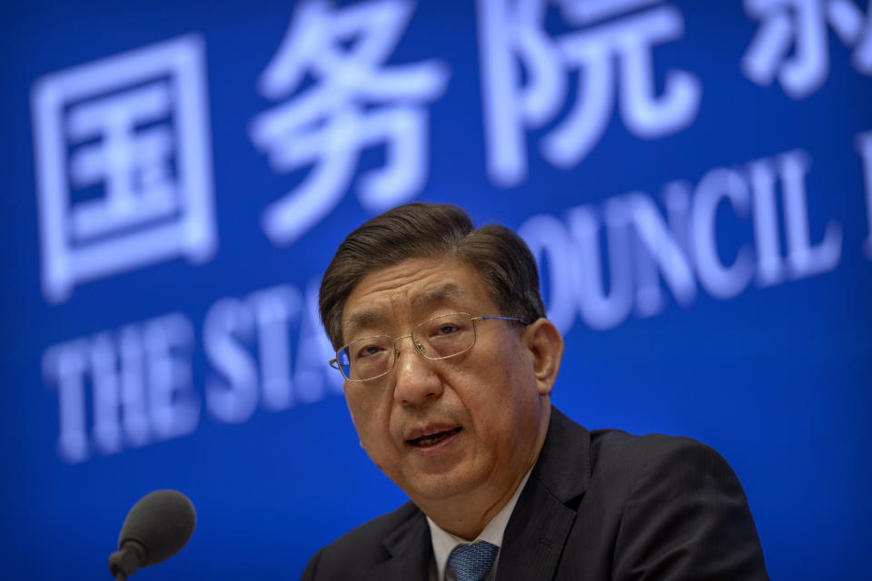 Zeng Yixin, Vice Minister of China's National Health Commission, speaks at a press conference at the State Council Information Office in Beijing, Thursday, July 22, 2021. Zeng said Thursday he was taken aback by the World Health Organization's plan for the second phase of a COVID-19 origins study. (AP Photo/Mark Schiefelbein)