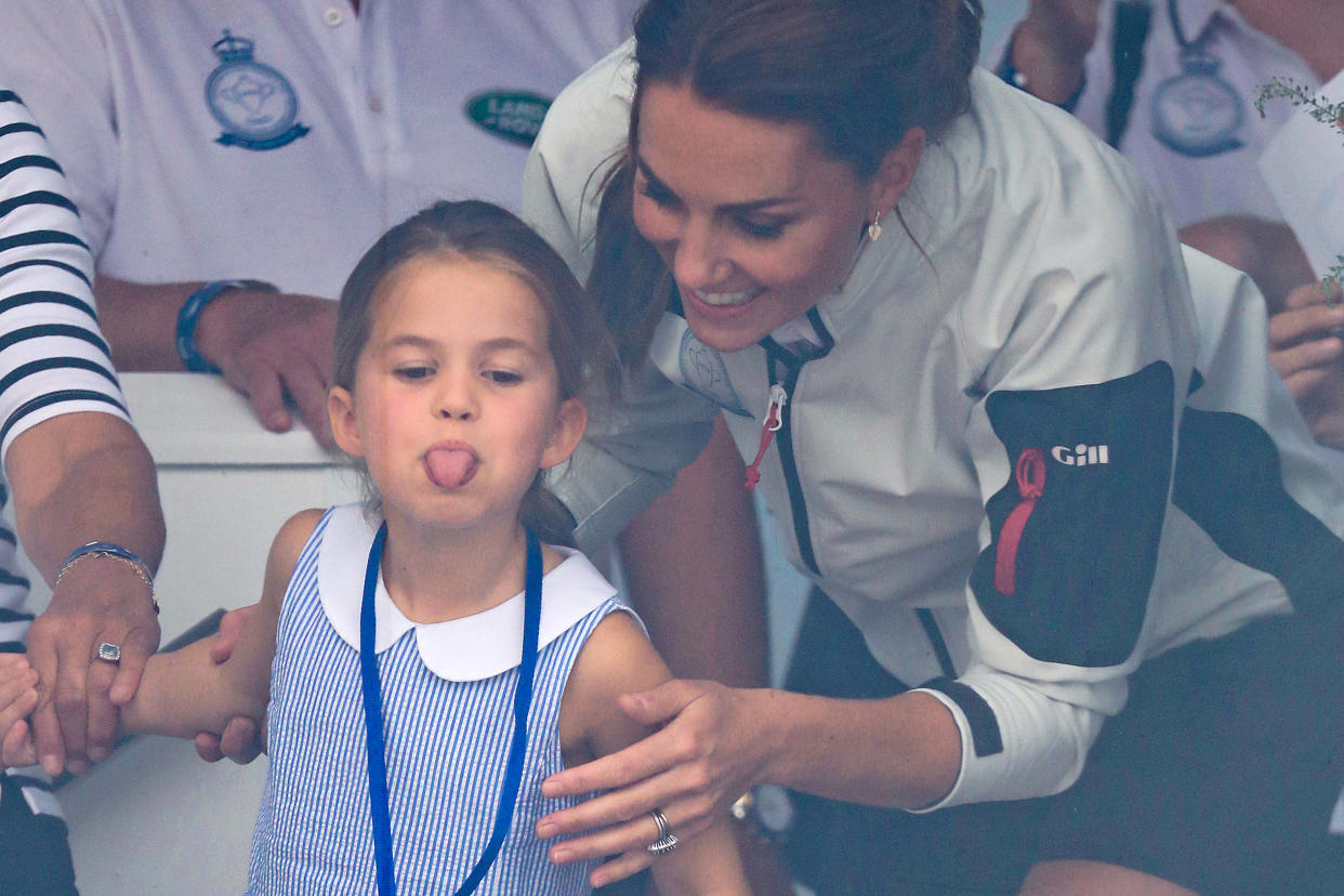 COWES, ENGLAND - AUGUST 08: Princess Charlotte of Cambridge and  Catherine, Duchess of Cambridge having fun together after the inaugural King’s Cup regatta hosted by the Duke and Duchess of Cambridge on August 08, 2019 in Cowes, England. Their Royal Highnesses hope that The King’s Cup will become an annual event bringing greater awareness to the wider benefits of sport, whilst also raising support and funds for Action on Addiction, Place2Be, the Anna Freud National Centre for Children and Families, The Royal Foundation, Child Bereavement UK, Centrepoint, London’s Air Ambulance Charity and Tusk. (Photo by Chris Jackson/Getty Images)