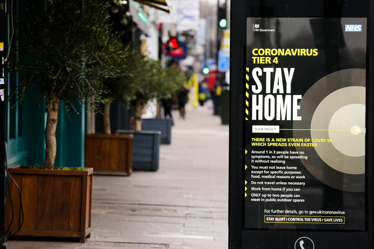  A 'Stay Home' sign seen in London as many parts of the UK are now in Tier 4 COVID-19 restrictions. The UK has recorded its highest daily rise in coronavirus cases since the pandemic began with 41,385 positive tests. Prime Minister Boris Johnson hasn't ruled out a national lockdown in the New Year. (Photo by Dinendra Haria / SOPA Images/Sipa USA) 