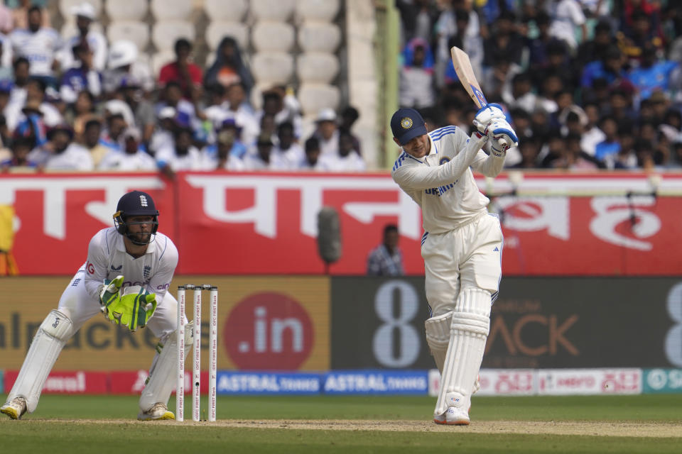 India's Shubman Gill plays a shot on the third day of the second cricket test match between India and England in Visakhapatnam, India, Sunday, Feb. 4, 2024. (AP Photo/Manish Swarup)