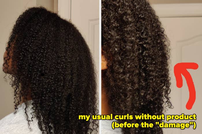 Side-by-side photos of my curly hair with text that reads: "My usual curls without product, before the damage"
