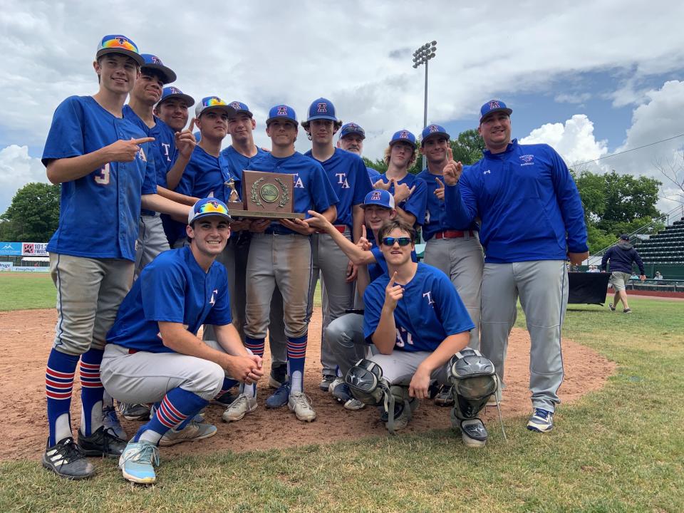 Thetford baseball celebrates winning the Division III championship 6-0 over White River Valley on June 10, 2023 at Centennial Field