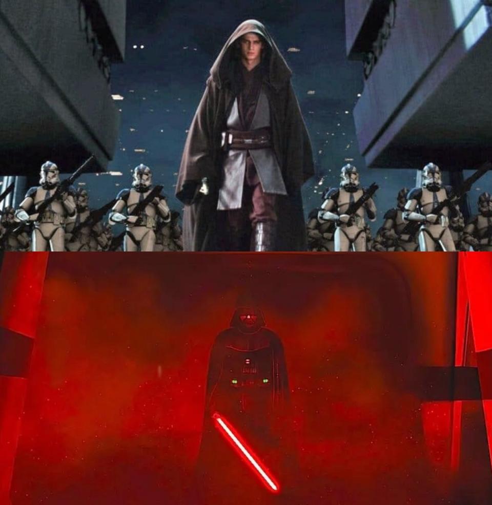 Anakin Skywalker as he enters the Jedi Temple to execute Order 66 in Revenge of the Sith, and his alter ego Darth Vader in Rogue One. 