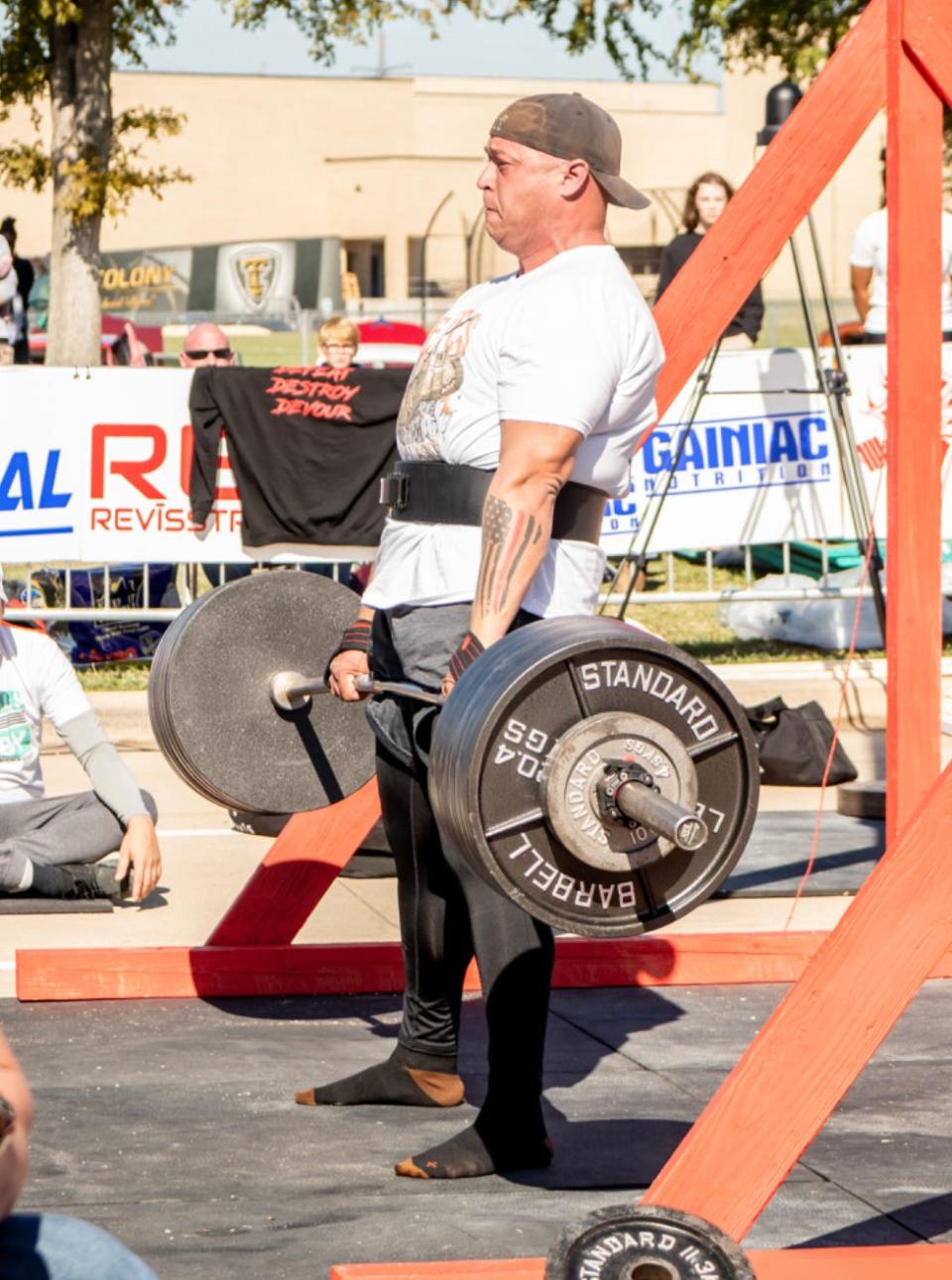 Chris Rios, a firefighter with the Salina Fire Department, deadlifts during a strongman contest in 2022. Rios competed in the 2023 World's Strongest Firefighter Contest at the Arnold Sports Festival at the beginning of March in Columbus, Ohio.