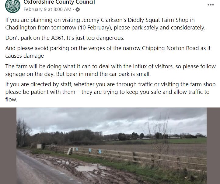 Oxford County Council issued a warning about parking on the road outside Clarkson's Farm Shop. (Facebook)