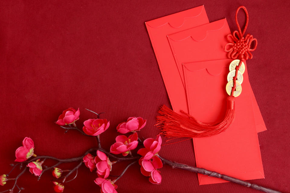 Chinese New Year, red envelope with plum blossom flower and lucky decorative golden coins with Chinese blessing words means happiness, richness and good fortune on red background, lucky item oriental