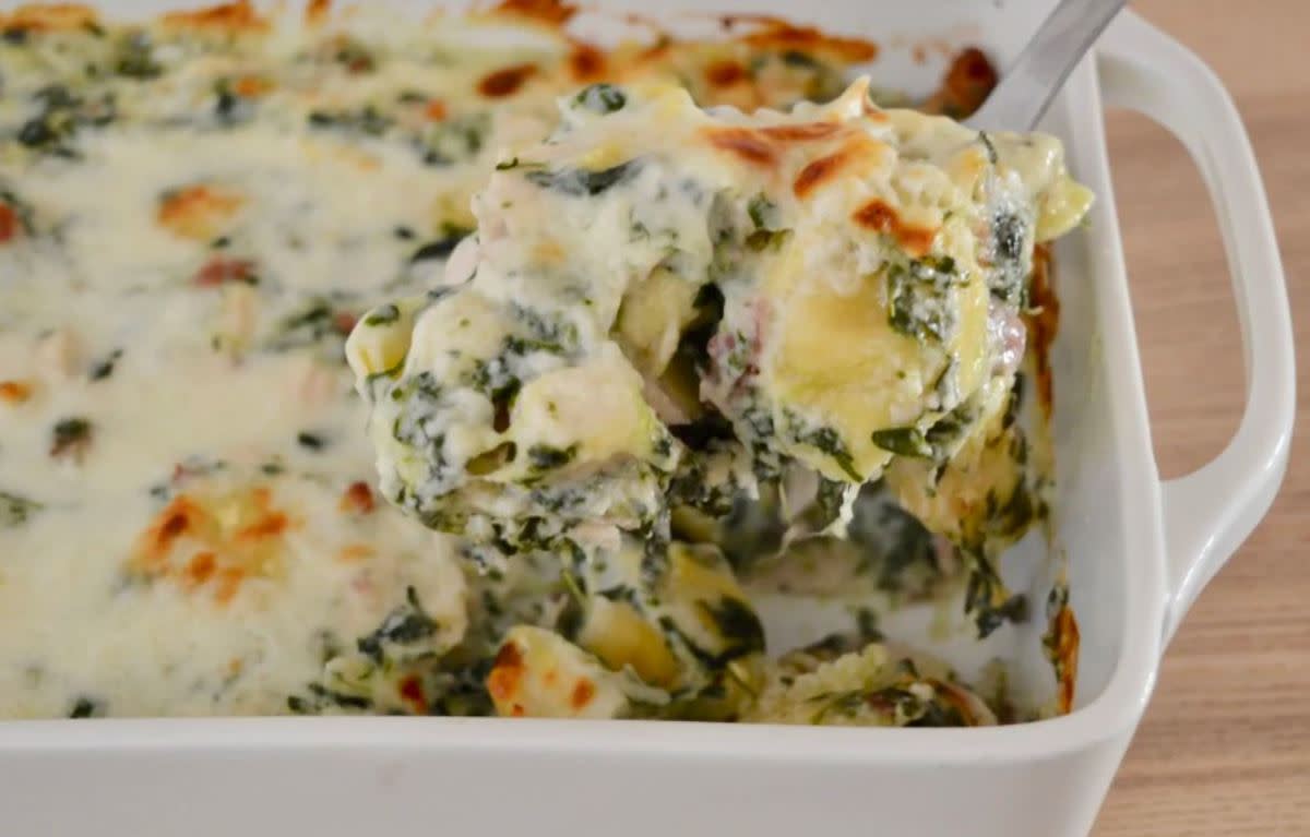 <p>This Delicious House</p><p>This simple to put together recipe includes supermarket staples like rotisserie chicken, crumbled bacon, frozen spinach, and cheese tortellini. Just add the homemade creamy Alfredo cheese sauce, and you have a delicious meal that the whole family will love.</p><p><strong>Get the recipe: <a href="https://thisdelicioushouse.com/chicken-bacon-spinach-tortellini/" rel="nofollow noopener" target="_blank" data-ylk="slk:Chicken Spinach Bacon Tortellini Casserole;elm:context_link;itc:0;sec:content-canvas" class="link rapid-noclick-resp">Chicken Spinach Bacon Tortellini Casserole</a></strong></p>