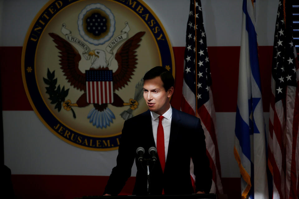 White House Senior Advisor Jared Kushner speaks during the dedication ceremony of the new U.S. embassy in Jerusalem on May 14, 2018.