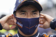 Takuma Sato, of Japan, looks at the speed chart during qualifications for the Indianapolis 500 auto race at Indianapolis Motor Speedway, Saturday, May 22, 2021, in Indianapolis. (AP Photo/Darron Cummings)