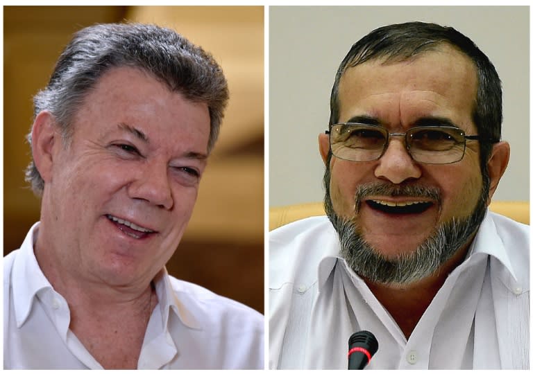 Colombian President Juan Manuel Santos (L) and FARC rebel leader Timoleon Jimenez will sign a peace agreement in the Cartagena Convention Center