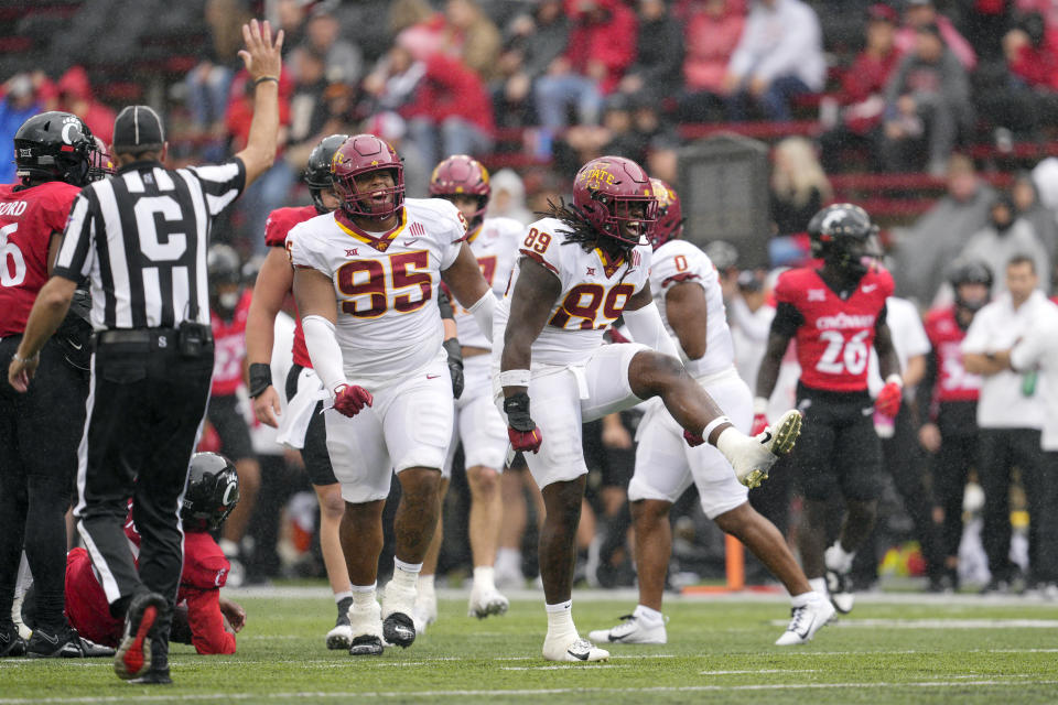 Iowa State defensive end Trent Jones II (89) reacts after forcing a fumble during the second half of an NCAA college football game against Cincinnati, Saturday, Oct. 14, 2023, in Cincinnati. (AP Photo/Jeff Dean)
