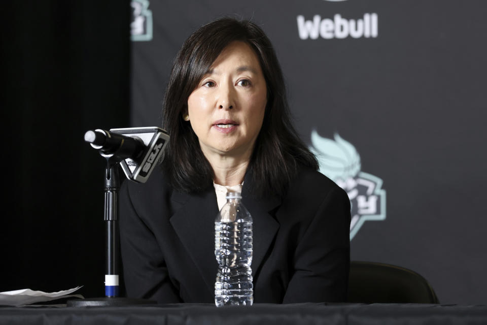New York Liberty co-owner Clara Wu Tsai speaks during a WNBA basketball news conference, Thursday, Feb. 9, 2023, in New York. (AP Photo/Jessie Alcheh)
