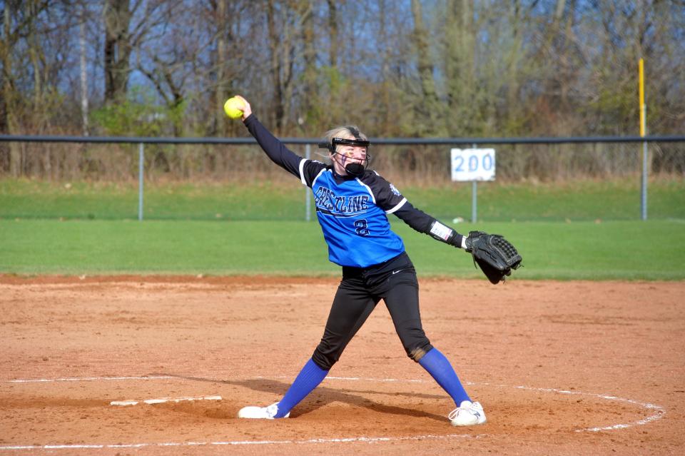 Crestline's Lillian Higgins winds up a pitch.