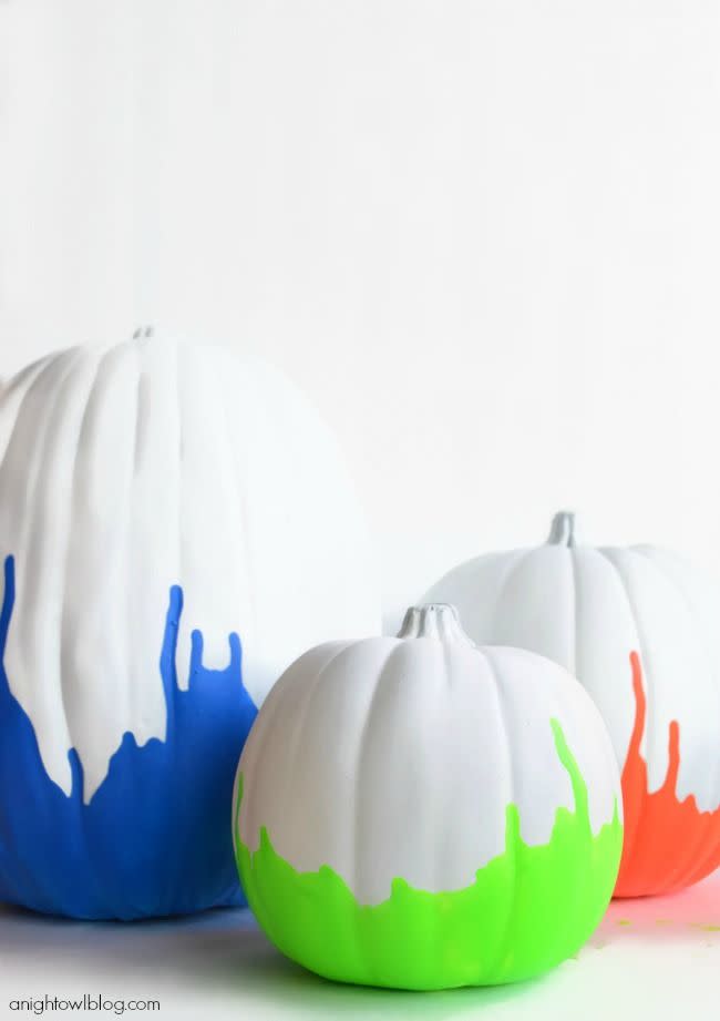 <p>Spray painting gourds stark white will make a bold color palette pop even more. These '80s-inspired pumpkins would look perfect alongside <em>Back to the Future </em>or <em>Saved By the Bell </em>costumes. </p><p><em><a href="https://www.anightowlblog.com/neon-paint-dipped-pumpkins/" rel="nofollow noopener" target="_blank" data-ylk="slk:Get the tutorial at A Night Owl »;elm:context_link;itc:0;sec:content-canvas" class="link ">Get the tutorial at A Night Owl »</a></em></p><p><strong>RELATED: </strong><a href="https://www.goodhousekeeping.com/holidays/halloween-ideas/g238/pumpkin-carving-ideas/" rel="nofollow noopener" target="_blank" data-ylk="slk:Easy Pumpkin Carving Ideas for Halloween;elm:context_link;itc:0;sec:content-canvas" class="link ">Easy Pumpkin Carving Ideas for Halloween</a></p>