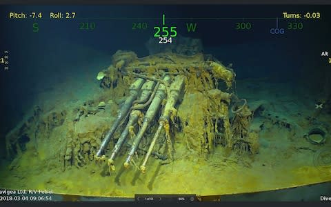 This handout photograph obtained March 5, 2018 courtesy of Paul G. Allen shows wreckage from the USS Lexington, a US aircraft carrier which sank during World War II, that has been found in the Coral Sea - Credit: AFP