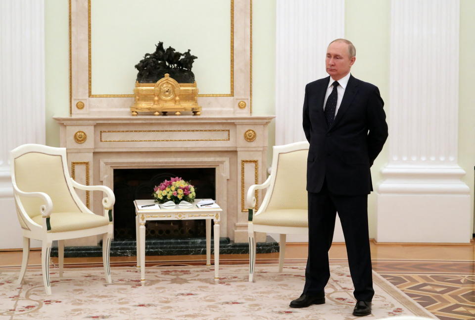 Russian President Vladimir Putin looks on before a meeting with Belarusian President Alexander Lukashenko at the Kremlin in Moscow, Russia March 11, 2022. Sputnik/Mikhail Klimentyev/Kremlin via REUTERS ATTENTION EDITORS - THIS IMAGE WAS PROVIDED BY A THIRD PARTY.