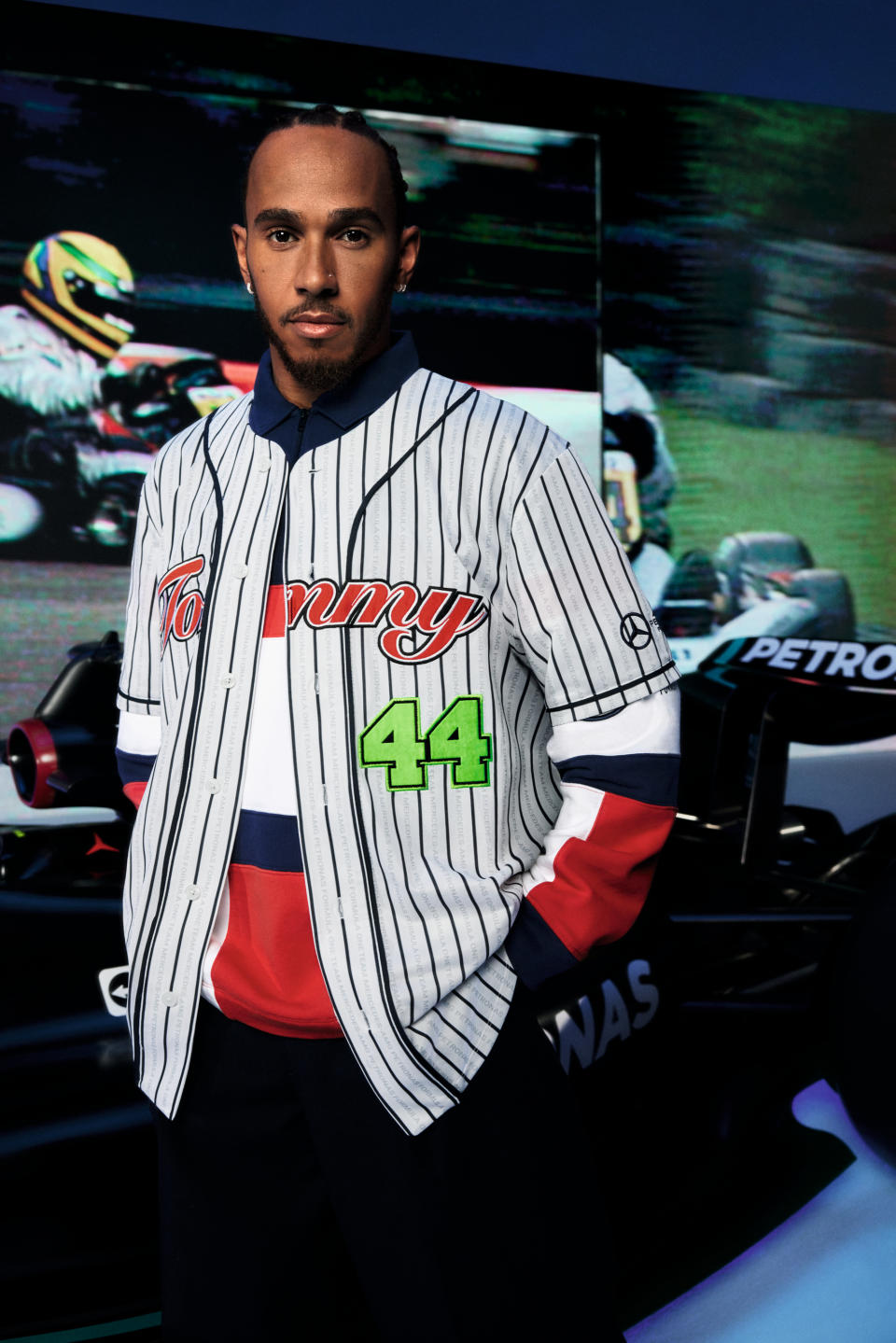 Lewis Hamilton in a baseball jersey featuring his racing number with Mercedes-AMG Petronas. - Credit: Courtesy of brand