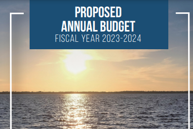 The cover of Mayor Donna Deegan's proposed 2023-24 budget shows the sun reflected off water.