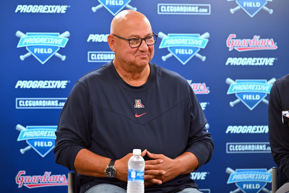 CLEVELAND, OHIO - OCTOBER 03: Former manager Terry Francona of the Cleveland Guardians speaks to members of the media about his 11 years with the club at Progressive Field on October 03, 2023 in Cleveland, Ohio. (Photo by Jason Miller/Getty Images)