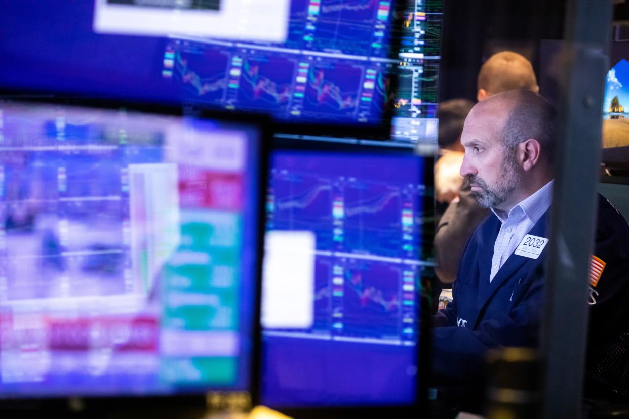 A trader works on the floor of the New York Stock Exchange NYSE in New York, the United States, May 5, 2022. U.S. stocks plunged on Thursday as heavy selling intensified on Wall Street.   The Dow Jones Industrial Average tumbled 1063.09 points, or 3.12 percent, to 32,997.97. The S&P 500 fell 153.30 points, or 3.56 percent, to 4,146.87. The Nasdaq Composite Index shed 647.17 points, or 4.99 percent, to 12,317.69. (Photo by Michael Nagle/Xinhua via Getty Images)