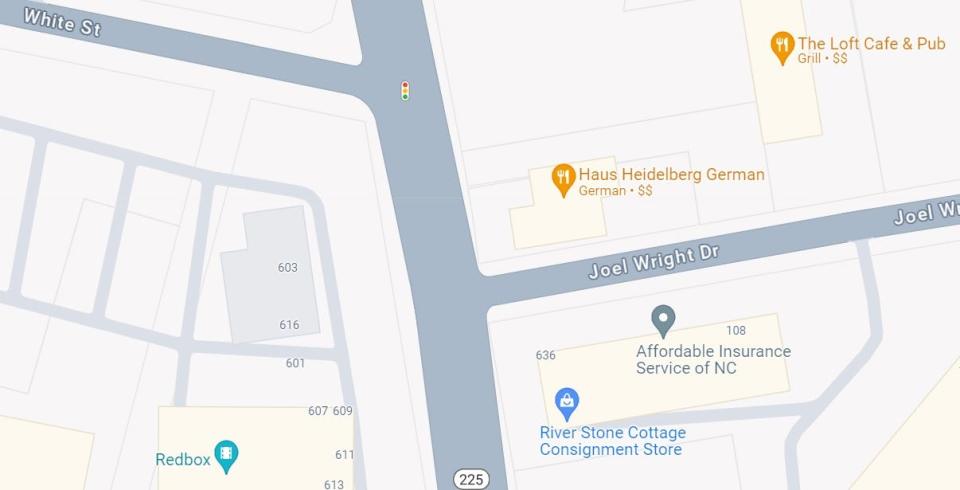 This image from Google Maps shows the location of Haus Heidelberg at the intersection of Greenville Highway and Joel Wright Drive.