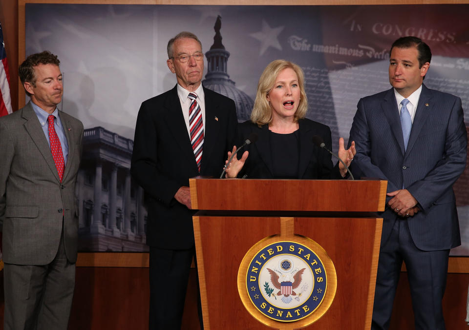 Gillibrand, surrounded by&nbsp;Republican senators Rand Paul of Kentucky, Chuck Grassley of Iowa and Ted Cruz of Texas, speaks in 2013 about legislation on dealing with sexual assault in the military. She has touted her ability&nbsp;to work with conservatives. (Photo: Mark Wilson/Getty Images)