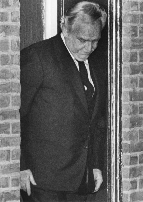 Prince Rainier leaves a funeral home in Philadelphia on March 7, 1985, after attending the funeral of John B. Kelly, Jr., who was the brother of the late Princess Grace of Monaco. On April 6, 2005, Prince Rainier, one of Europe's longest-reigning monarchs, died from multiple organ failure at the age of 81. File Photo by Mike Feldman/UPI