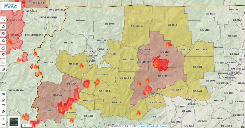 Evacuation zone map of the 2023 Happy Camp Complex burning in the Klamath National Forest. The Siskiyou County Sheriff's Office lifted warnings in some zones on Sunday, Aug. 27.