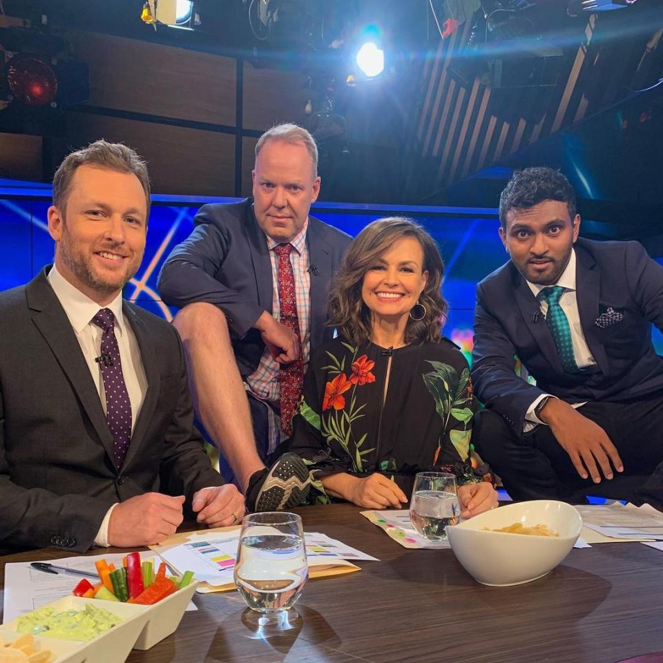 The Projects hosts Peter van Onselen, Peter Helliar, Lisa Wilkinson with Nazeem Hussain. Photo: Channel 10.