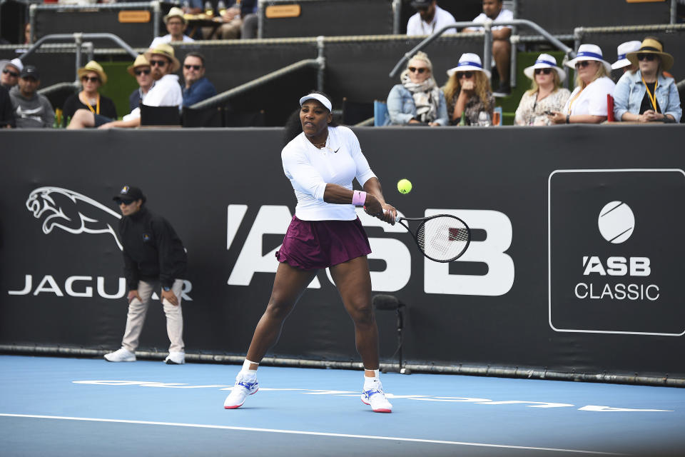 United States' Serena Williams makes a backhand return during her match against Italy's Camila Giorgi at the ASB Classic in Auckland, New Zealand, Tuesday, Jan. 7, 2020. (Chris Symes/Photosport via AP)