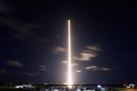 The Inspiration 4 civilian crew aboard a SpaceX Falcon 9 rocket launches from Kennedy Space Center