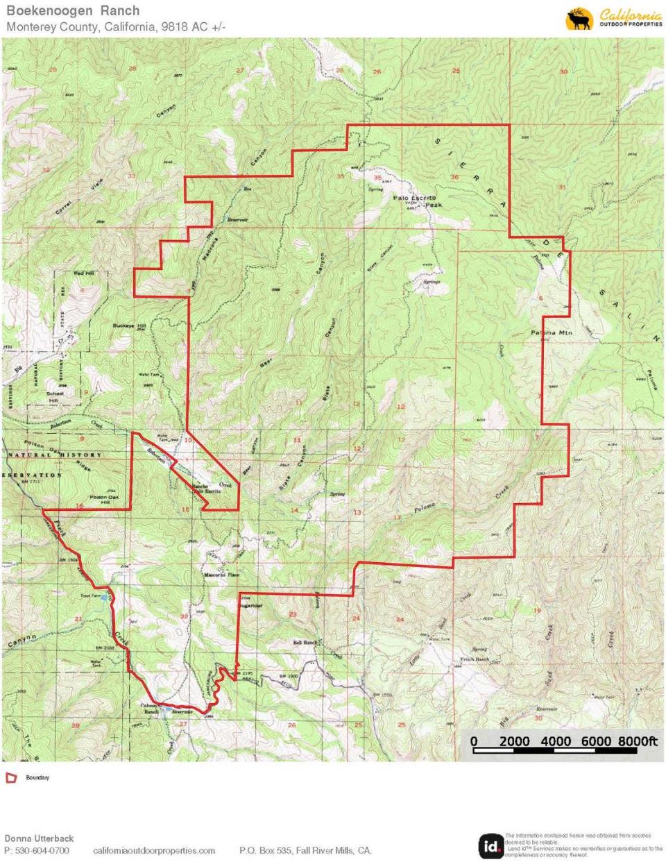 A map shows the property line for a ranch for sale in the Carmel Valley of California that includes the highest peak in the Sierra de Salinas range. California Outdoor Properties