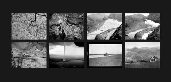 The Last Pictures" montage. Top row (l to r): Cherry Blossoms; The Pit Scene, Lascaux Cave; Grinnell Glacier, Glacier National Park, Montana, 1940; Grinnell Glacier, Glacier National Park, Montana, 2006. Bottom row (l to r): Narbona Panel, Cany