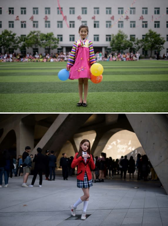 Kim Song Jong (9, top) after a dance performance at a Children's Day event in Pyongyang, and Yoon Hyerim (10, bottom) after a dance performance at Dongdaemun Design Plaza during Seoul Fashion Week
