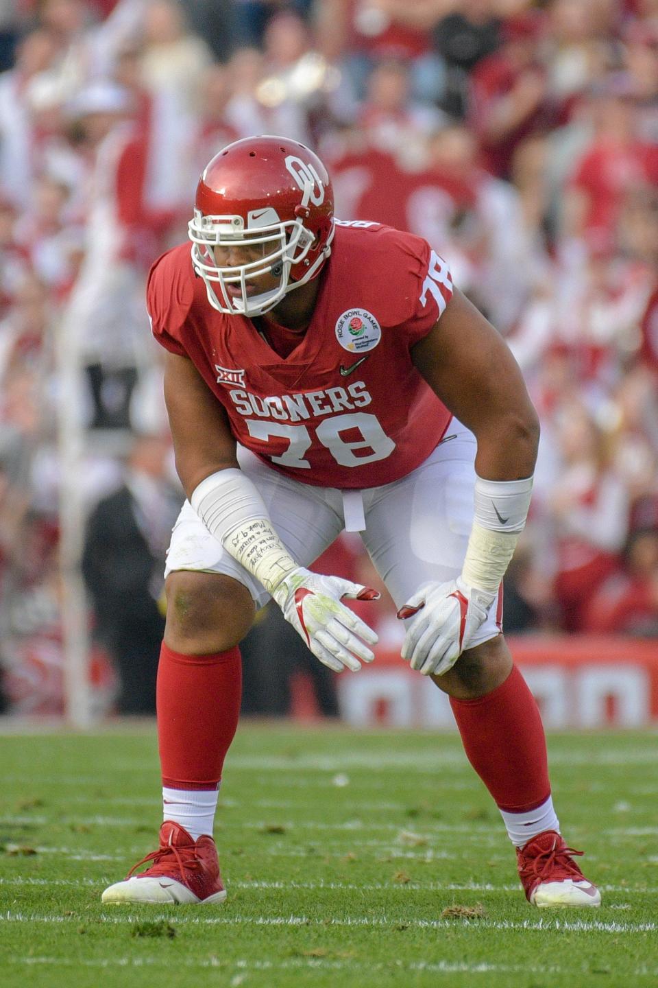 Oklahoma Sooners offensive lineman Orlando Brown (78) lines up to the line of scrimmage against the Georgia Bulldogs in the 2018 Rose Bowl college football playoff semifinal game at Rose Bowl Stadium.