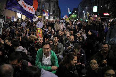 Demonstrators attend a protest against Prime Minister Aleksandar Vucic's government in Belgrade, Serbia April 25, 2017. REUTERS/Marko Djurica