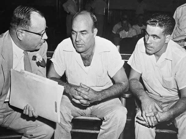 PHOTO: Half-brothers J.W. Milam (center) and Roy Bryant (right) confer with attorney Sidney Carlton on murder and kidnapping charges facing them in the death of 14-year-old Emmett Till. (Bettmann Archive via Getty Images)