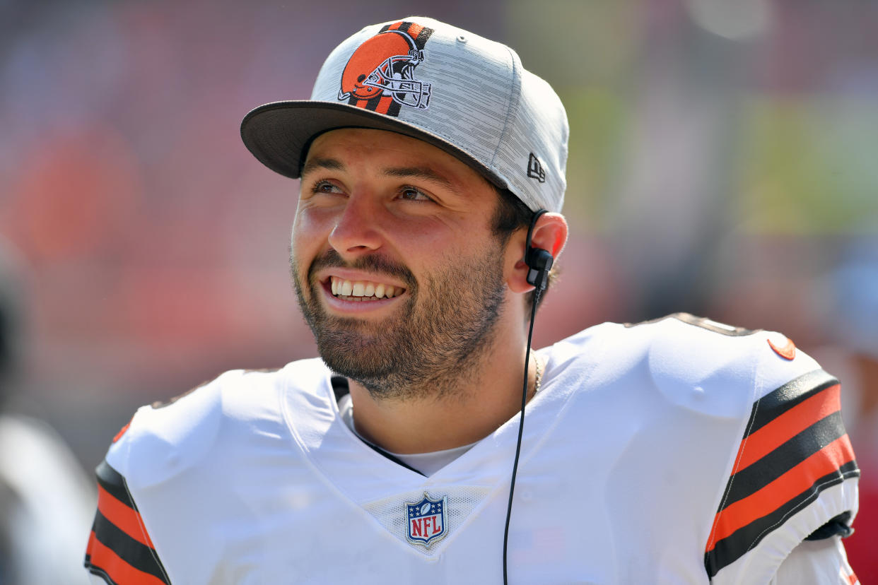 CLEVELAND, OHIO - AUGUST 22: Quarterback Baker Mayfield #6 of the Cleveland Browns watches from the sidelines during the fourth quarter against the New York Giants at FirstEnergy Stadium on August 22, 2021 in Cleveland, Ohio. The Browns defeated the Giants 17-13.  (Photo by Jason Miller/Getty Images)