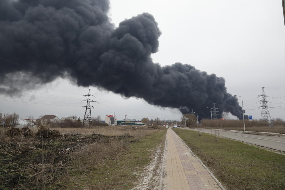 BELGOROD, RUSSIA - APRIL 1 : An image of damage after Regional Governor Vyacheslav Gladkov says that helicopters of the Ukrainian Army hit the oil refinery in Belgorod, Russia on April 1, 2022. (Photo by Stringer/Anadolu Agency via Getty Images)