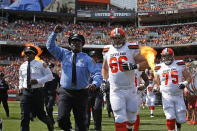 <p>The Cleveland Browns run onto the field with members of the military, police, fire and EMS before the game against the Pittsburgh Steelers at FirstEnergy Stadium on September 10, 2017 in Cleveland, Ohio. (Photo by Justin K. Aller/Getty Images) </p>