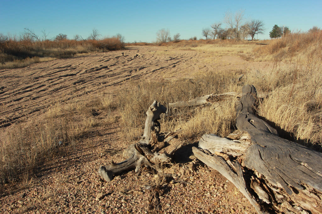 The dry bed of the Arkansas River near the Santa Fe Trail crossing at Cimarron. The Ogallala aquifer groundwater levels in much of western Kansas started dropping in the 1950s as pumping increased, according to the Kansas Geological Survey