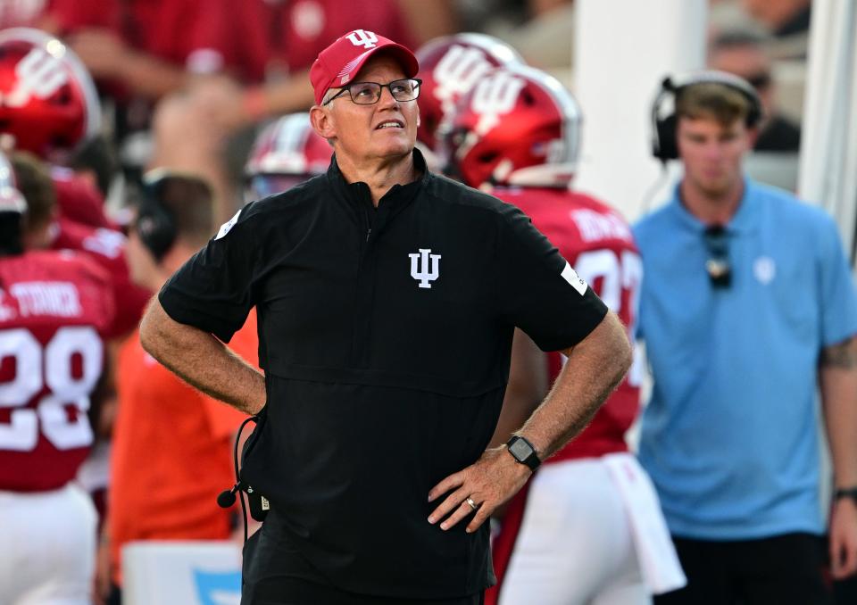 Sep 2, 2023; Bloomington, Indiana, USA; Indiana Hoosiers head coach Tom Allen looks at the scoreboard during the second half against the Ohio State Buckeyes at Memorial Stadium. Mandatory Credit: Marc Lebryk-USA TODAY Sports