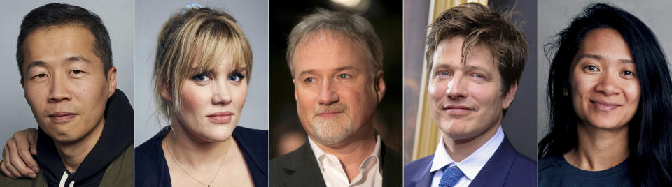 This combination photo shows Oscar nominees for best director, from left, Lee Isaac Chung for "Minari," Emerald Fennell for "Promising Young Woman," David Fincher for "Mank," Thomas Vinterberg for "Another Round" and Chloé Zhao for "Nomadland." (AP Photo)