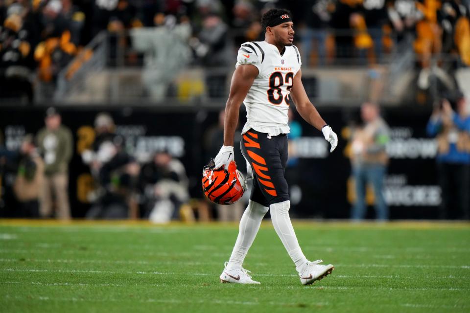 Cincinnati Bengals wide receiver Tyler Boyd (83) walks off the field after a turnover in the second quarter during a Week 16 NFL football game between the Cincinnati Bengals and the Pittsburgh Steelersl, Saturday, Dec. 23, 2023, at Acrisure Stadium in Pittsburgh, Pa.